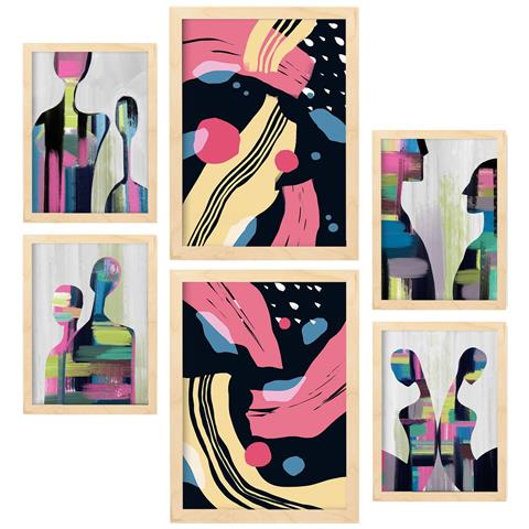 Set Di 6 Stampe Modalità Comportamentali Negli Amanti Dipinti Decorativi Estetici Astratti Per Il Tuo Soggiorno Di Casa A3 & A4 Telaio In Legno Chiaro - Foto 1