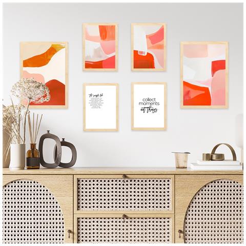 Set Di 6 Stampe Colori Astratti, Arancione, Rosso, Bianco, Forme Incorniciate Con Illustrazioni Di Design Per Le Pareti Di Casa A3 & A4 Telaio In Legno Chiaro - Foto 1