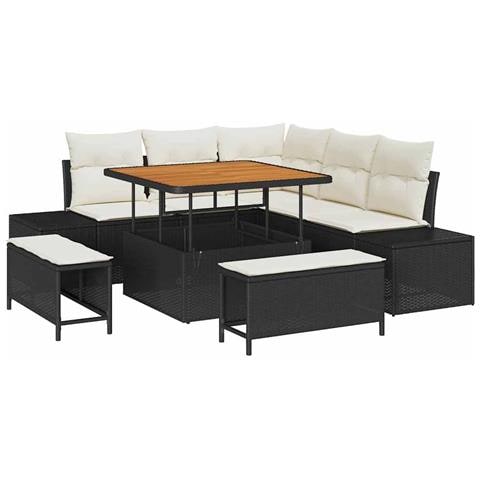 Set Divano da Giardino 8 Pezzi con Cuscini Rattan Polietilene Nero Acacia, Divano da Giardino 2 Posti con Cuscini Rattan Polietilene Nero, Set da Pranzo da Giardino 3 Pezzi con Cuscini Rattan Polietilene Nero Acacia - Foto 1