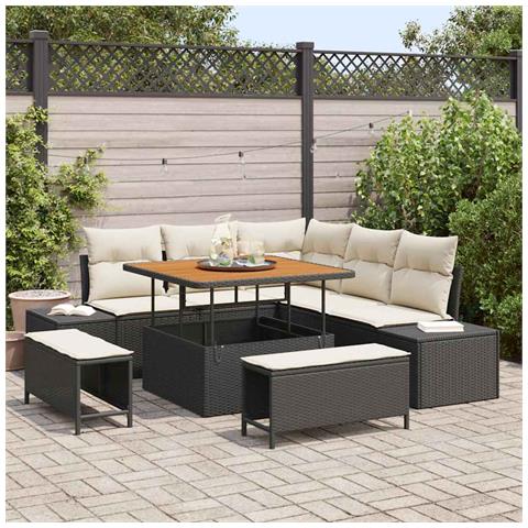 Set Divano da Giardino 8 Pezzi con Cuscini Rattan Polietilene Nero Acacia, Divano da Giardino 2 Posti con Cuscini Rattan Polietilene Nero, Set da Pranzo da Giardino 3 Pezzi con Cuscini Rattan Polietilene Nero Acacia - Foto 2