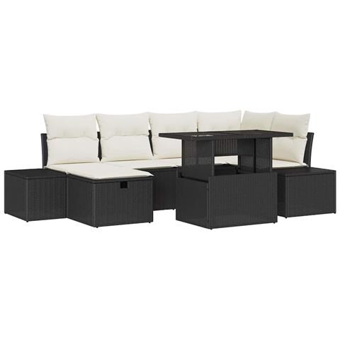 Set Divano Giardino con Cuscini Black Poly Rattan 7 Pezzi - Foto 1