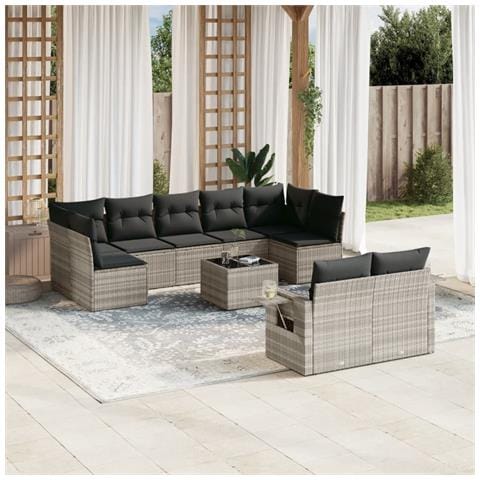 Set Divano Giardino 10 pz con Cuscini Grigio Chiaro Polyrattan - Foto 2