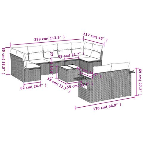 Set Divano Giardino 10 pz con Cuscini Grigio Chiaro Polyrattan - Foto 3