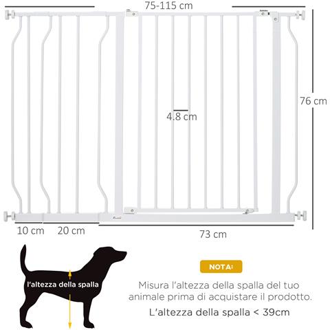Cancelletto Di Sicurezza Per Cani In Acciaio E Abs, Estensibile 75-115cm Per Scale E Porte, Bianco - Foto 6