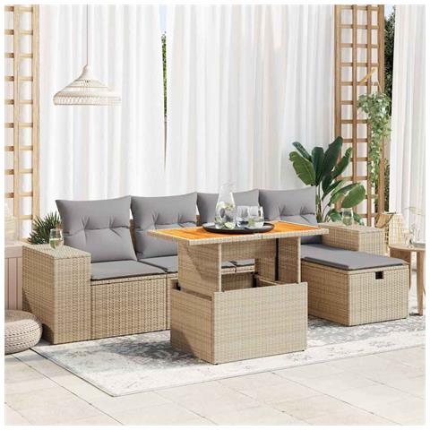 Set Divano da Giardino 6 pz con Cuscini Beige Polyrattan Acacia - Foto 2