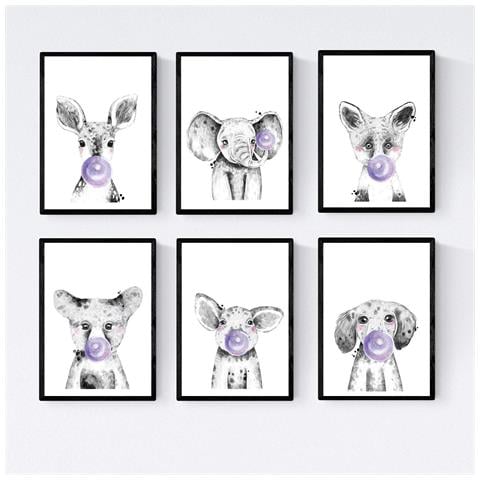 Set Di 6 Stampe Animali Bambini Con Gomma Da Masticare Cervo Maiale Elefante Zorro Orso Cane A4 Senza Cornice - Foto 1