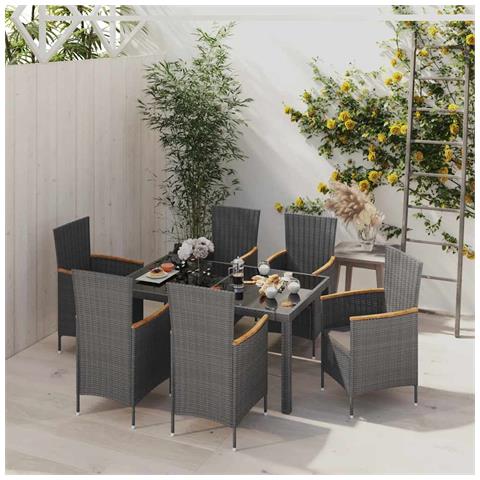 Set da Giardino 7 pz con Cuscini in Polyrattan Nero e Grigio - Foto 2