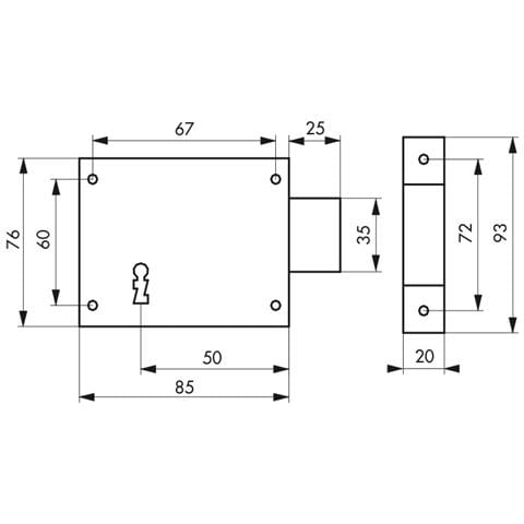 Serratura Orizzontale Con Chiave Per Porta Di Cantina, Solo Catenaccio, Destra, Asse 50mm, 85x76mm, Nero, 1 Chiave - - Foto 2