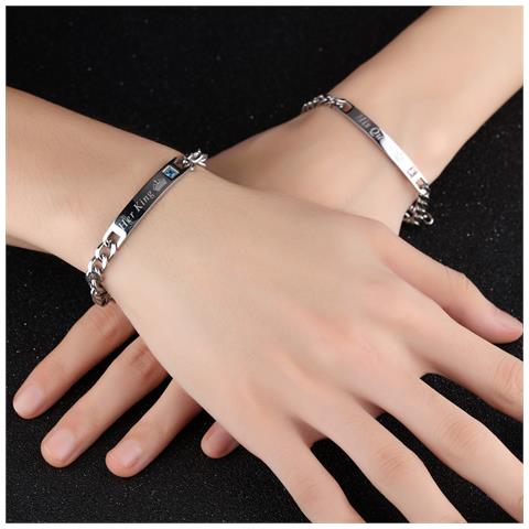 Coppia Bracciali ""his Queen"" ""her King"" Acciaio Al Titanio Argento 2 Pezzi - Foto 8
