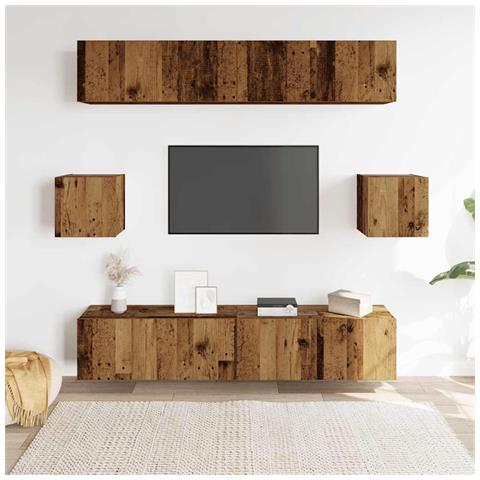 Set Mobile Tv 6 Pz Montato A Parete Legno Antico In Truciolato - Foto 3