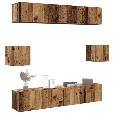 Set Mobile Tv 6 Pz Montato A Parete Legno Antico In Truciolato - Foto 1