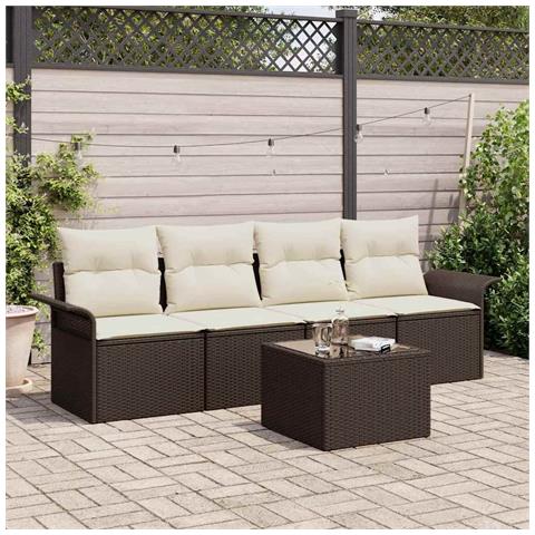 Set di Divani da Giardino 5 Pezzi con Cuscini Marrone Rattan Polimerico, Divano da Giardino 2 Posti con Ripostiglio e Cuscini Marrone Rattan Polimerico - Foto 2