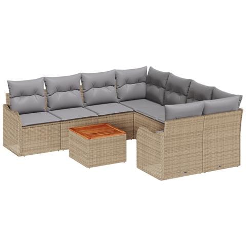 Set di Divani da Giardino  a 9 Pezzi con Cuscini Beige Rattan Acacia, Divano da Giardino  con Cuscini per 2 Persone Beige Rattan - Foto 1