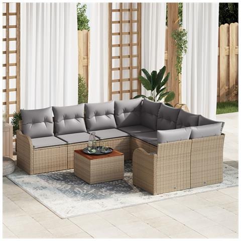Set di Divani da Giardino  a 9 Pezzi con Cuscini Beige Rattan Acacia, Divano da Giardino  con Cuscini per 2 Persone Beige Rattan - Foto 2