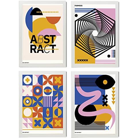 Set Di 4 Stampe Poster Di Cubismo Astratto Forme. Fogli Con Mostra D'arte Estetica. Illustrazioni A Colori Per L'interior Design Cornice Bianca A4 - Foto 1