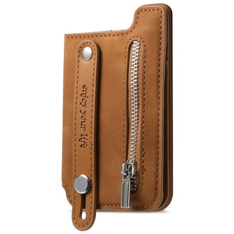 Portacarte Magnetico Magsafe In Pelle Pu Con Cinturino Da Polso E Tasca Con Cerniera Brown - Foto 1