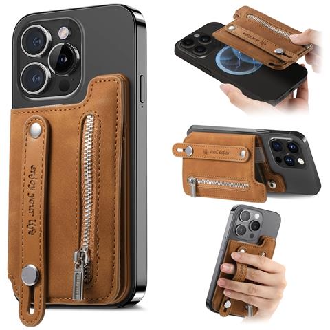 Portacarte Magnetico Magsafe In Pelle Pu Con Cinturino Da Polso E Tasca Con Cerniera Brown - Foto 7