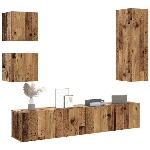 Set Mobile Tv 5 Pz Montato A Parete Legno Antico In Truciolato - Foto 1