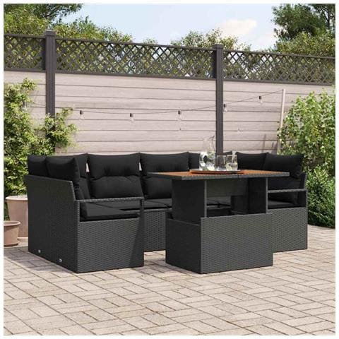 Set Divani Giardino 7 Pezzi con Cuscini in Rattan Poliestere Nero , Divano Giardino 2 Posti con Contenitore e Cuscini in Rattan Poliestere Nero - Foto 2