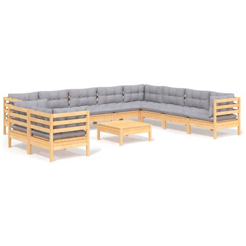 Set Divani da Giardino 11 pz con Cuscini Grigi Massello di Pino - Foto 1