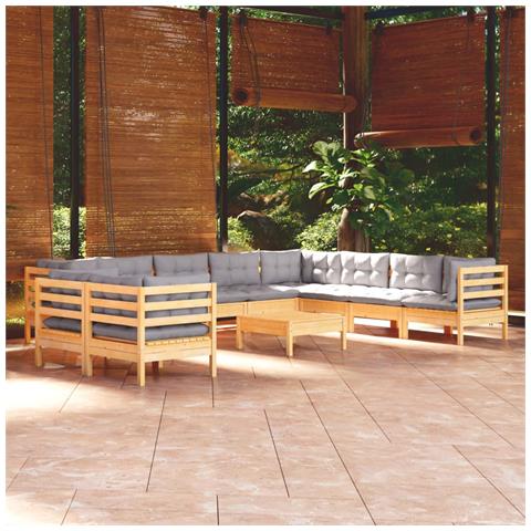 Set Divani da Giardino 11 pz con Cuscini Grigi Massello di Pino - Foto 2
