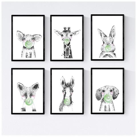 Set Di 6 Stampe Animali Bambini Gomma Da Masticare Maiale Giraffa Coniglio Volpe Cavallo Cani A3 Cornice Nera - Foto 1