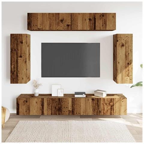 Set Mobile Tv 6 Pz Montato A Parete Legno Antico In Truciolato - Foto 3