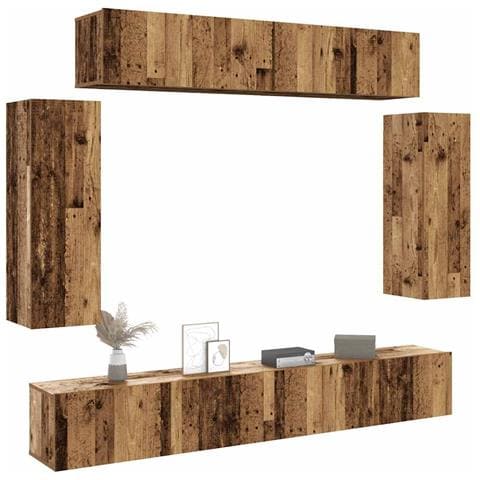 Set Mobile Tv 6 Pz Montato A Parete Legno Antico In Truciolato - Foto 1