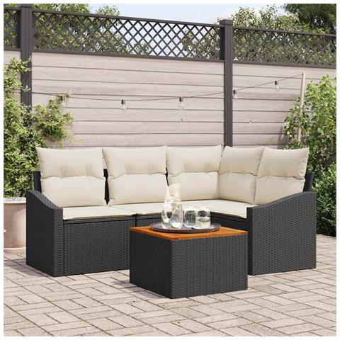Set di Divani da Giardino 5 Pezzi con Cuscini Nero in Polyrattan Acacia - Foto 2