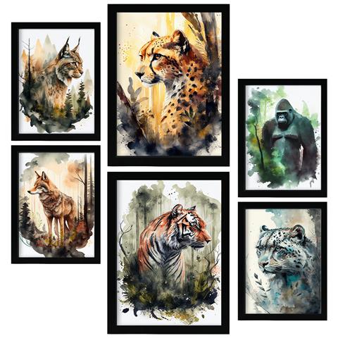 Set Di 6 Stampe Illustrazioni Di Gatti Di Animali In Paesaggi Naturali, Design D'interni Realistico In Stile Acquerello A3 & A4 Senza Cornice - Foto 1
