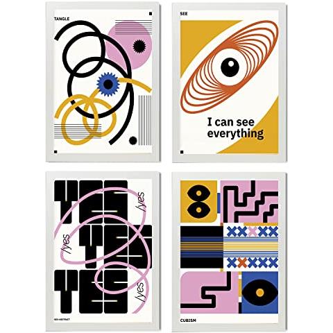 Set Di 4 Stampe Poster Di Cubismo Astratto Accettazione Fogli Con Mostra D'arte Estetica Illustrazioni A Colori Per L'interior Cornice Bianca A4 - Foto 1