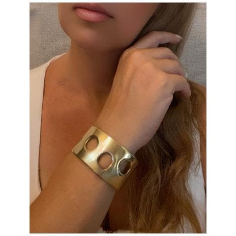 Bracciale Largo In Ottone Con Foro Placcato Oro Di Design - Foto 3