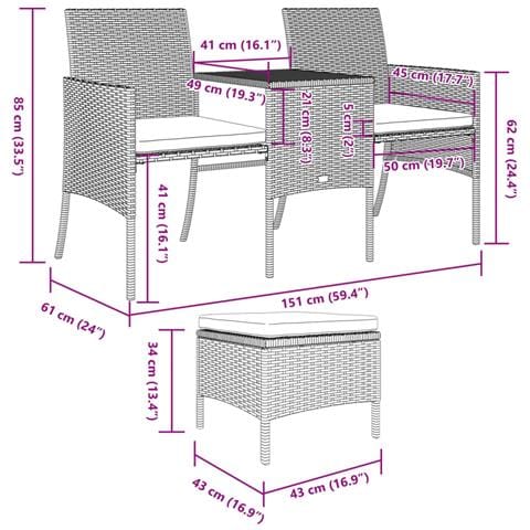 Divano Da Giardino A 2 Posti Tavolino E Pouf Polyrattan Grigio - Foto 2