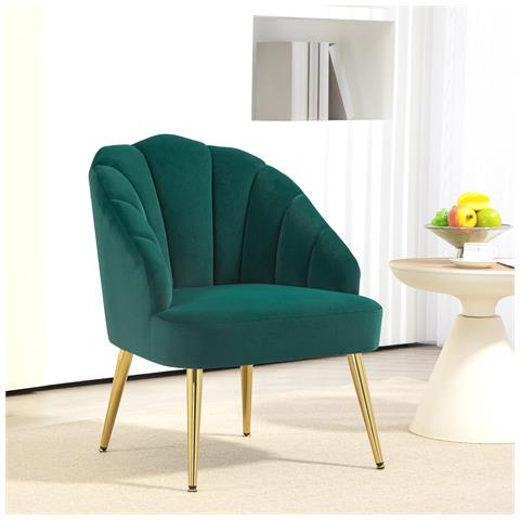 Poltroncina da Camera e Salotto a Conchiglia Stile Art Deco, in Tessuto Vellutato e Acciaio, 63x65x84 cm, Verde - Foto 2