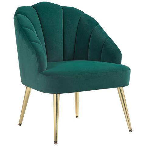 Poltroncina da Camera e Salotto a Conchiglia Stile Art Deco, in Tessuto Vellutato e Acciaio, 63x65x84 cm, Verde - Foto 1