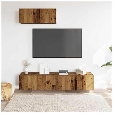 Set Mobile Tv 3 Pz Montato A Parete Legno Antico In Truciolato - Foto 3