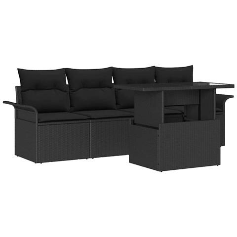 Set di divani da giardino 5 pezzi con cuscini nero in rattan sintetico, Divano da giardino 2 posti con contenitore e cuscini neri in rattan sintetico - Foto 1