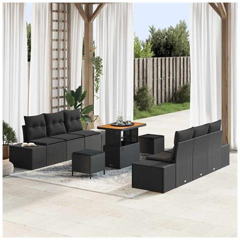 Set di divani da giardino con cuscini 9 pezzi in rattan poly nero acacia, Divano da giardino 2 posti con cuscini in rattan poly nero, Set da giardino 3 pezzi con cuscini in rattan poly nero acacia - Foto 2