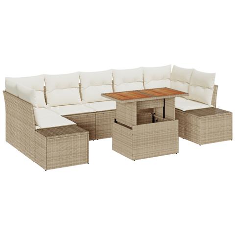 Set da pranzo da giardino 8 pezzi con cuscini color beige in rattan polipropilene e acacia - Foto 1