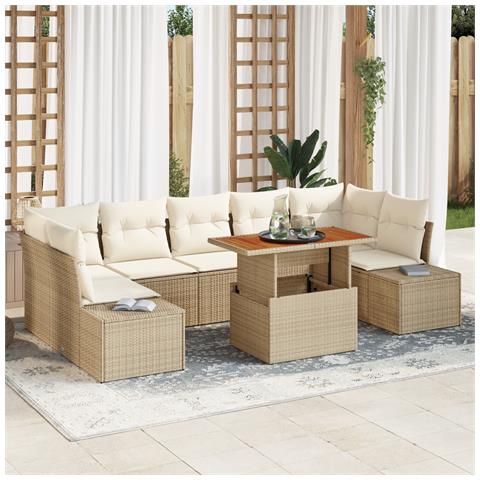 Set da pranzo da giardino 8 pezzi con cuscini color beige in rattan polipropilene e acacia - Foto 2