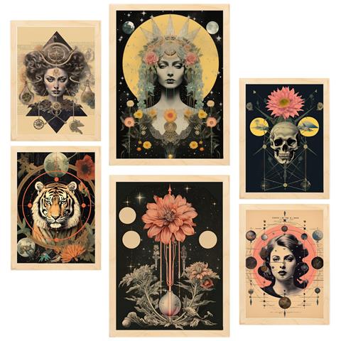 Set Di 6 Stampe Illustrazione Surreale Di Collage Di Pittura Decorativa In Illustrazioni Incorniciate Mistiche Ed Esoteriche A3 & A4 Telaio In Legno Chiaro - Foto 1