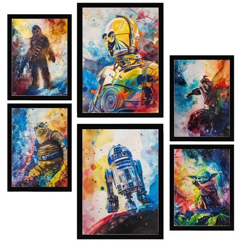 Set Di 6 Stampe Quadro Incorniciato A Colori Di Star Wars Con Illustrazioni Di Design Per Decorare Le Pareti Della Tua Casa A3 & A4 Cornice Nera - Foto 1