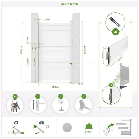 Cancello Eiger Da 1 M, Altezza 180 Cm + 2 Pali, Altezza 190 Cm, Alluminio Bianco - Foto 8
