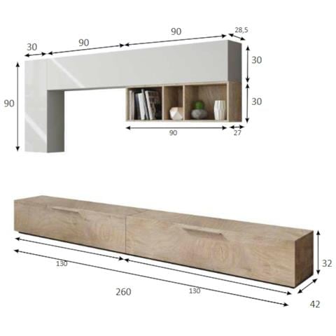 Parete Attrezzata Adelfa, Mobile Da Soggiorno Porta Tv, Composizione Per Salotto Con Pensile, 260x42h32 Cm, Cemento E Bianco - Foto 9