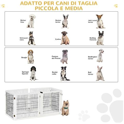 Cancelletto Per Cani Di Piccola /media Taglia A 6 Pannelli Pieghevoli, In Legno E Acciaio, 432x36x70 Cm, Bianco - Foto 2