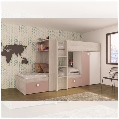 Cameretta 1262 Con Letto A Castello Con Due Cassettoni E Armadio Reversibile Colore Bianco Consumato E Rosa Antico - Foto 1