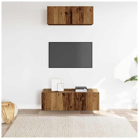 Set Mobile Tv 2 Pz Montato A Parete Legno Antico In Truciolato - Foto 3