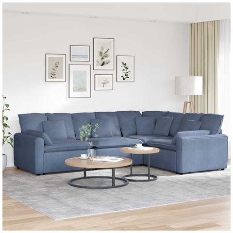 Divano Modulare con Cuscini in Tessuto a Coste Blu - Foto 2