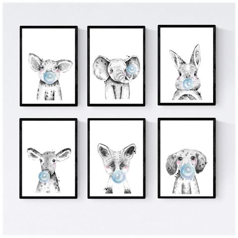 Set Di 6 Stampe Animali Bambini Con Gomma Da Masticare Maiale Elefante Coniglio Mucca Zorro Cane A4 Cornice Nera - Foto 1