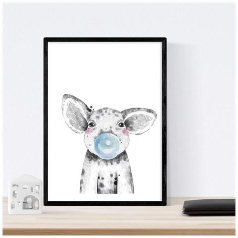 Set Di 6 Stampe Animali Bambini Con Gomma Da Masticare Maiale Elefante Coniglio Mucca Zorro Cane A4 Cornice Nera - Foto 6